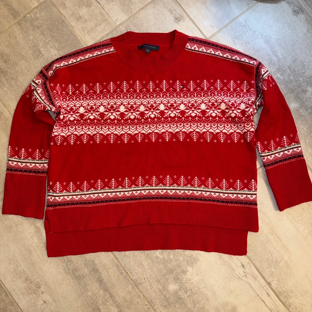 Tommy‎ Hilfiger Women's Red Fair Isle Sweater Large Winter Holiday - Picture 3 of 8